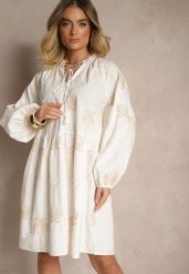 Biała Sukienka z Bawełny Ozdobiona Wiązaniem i Wzorem w Palmy Evialissae. Białe sukienki damskie Renee, bez wzorów, z bawełny, eleganckie, bez ramiączek. W wyprzedaży za 143.99 zł.