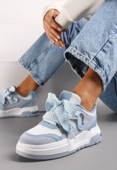 Niebiesko-Białe Sneakersy na Grubej Podeszwie z Ozdobnymi Sznurówkami Zeldema. Niebieskie obuwie sportowe damskie Renee, z jeansu, bez zapięcia. Za 89.99 zł.
