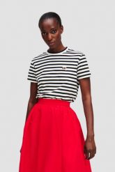 KARL LAGERFELD Czarno-biały t-shirt damski Ikon Stripe Boxy. Czarne t-shirty damskie KARL LAGERFELD, s, bez wzorów, z materiału, bez kołnierzyka. W wyprzedaży za 309.99 zł.