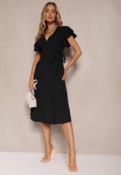 Czarna Kopertowa Sukienka z Rozkloszowanym Dołem i Ozdobnym Wiązaniem Dannola. Czarne sukienki damskie Renee, bez wzorów, eleganckie, bez ramiączek. W wyprzedaży za 99.99 zł.