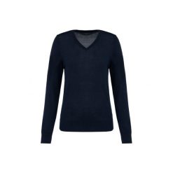 Damski sweter z merynosów z dekoltem v-neck Kariban Premium. Niebieskie swetry klasyczne damskie KARIBAN, na zimę, z wełny, bez kołnierzyka. W wyprzedaży za 268.00 zł.