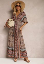 Brązowa Sukienka w Stylu Etnicznym z Gumką w Pasie Wiązana na Plecach Lixara. Brązowe sukienki damskie Renee, bez wzorów, boho, bez ramiączek. W wyprzedaży za 67.99 zł.