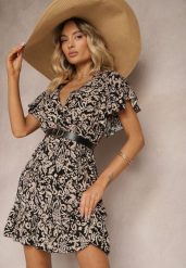 Czarno-Beżowa Sukienka z Bawełny o Rozkloszowanym Kroju Ozdobiona Falbanami i Gumką w Talii Neliaura. Czarne sukienki damskie Renee, bez wzorów, z bawełny, eleganckie, bez ramiączek. W wyprzedaży za 39.99 zł.