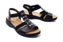 RIEKER 64580-00 black, sandały damskie. Czarne sandały damskie Rieker, bez wzorów, bez obcasa, bez zapięcia. Za 255.92 zł.