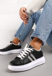 Czarne Sznurowane Sneakersy z Imitacji Skóry Ozdobione Paskami z Cyrkoniami Isolinna. Czarne obuwie sportowe damskie Renee, ze skóry, bez zapięcia. Za 69.99 zł.