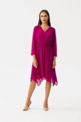 Elegancka zwiewna sukienka szyfonowa asymetryczna śliwkowa. Fioletowe sukienki damskie Stylove, bez wzorów, z gumy, eleganckie, bez ramiączek. Za 379.00 zł.