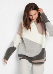 Sweter. Szare swetry klasyczne damskie bonprix, bez kołnierzyka. Za 129.99 zł.