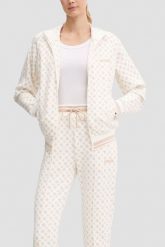 GUESS Kremowa rozpinana bluza damska w monogram Aggie, Rozmiar XS. Brązowe bluzy damskie Guess, xs, z aplikacjami, bez kaptura. W wyprzedaży za 269.99 zł.