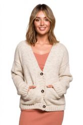 Krótki sweter rozpinany z wełną zapinany na guziki beżowy. Brązowe kardigany damskie Polskie swetry, l, bez wzorów, z nylonu. Za 259.00 zł.