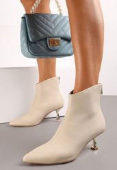 Beżowe Botki na Kaczuszce z Metalicznym Efektem Nechal. Brązowe botki damskie Renee, eleganckie, bez obcasa, na obcasie, bez zapięcia. Za 89.99 zł.