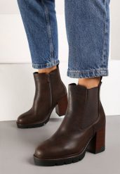 Brązowe Botki Sztyblety na Słupku Ozdobione Elastyczną Wstawką Rearia. Brązowe botki damskie Renee, na jesień, z jeansu, eleganckie, bez obcasa, na obcasie, bez zapięcia. Za 149.99 zł.