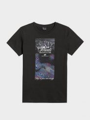 4F T-shirt regular z nadrukiem damski - czarny S. Czarne t-shirty damskie 4F, s, bez wzorów, z bawełny, bez kołnierzyka. Za 69.99 zł.