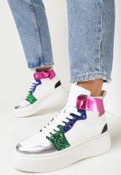 Biało-Niebieskie Sneakersy na Grubej Płaskiej Podeszwie z Cholewką za Kostkę Ozdobione Brokatem i Metalicznymi Wstawkami Byreli. Białe obuwie sportowe damskie Born2be, za kostkę, bez zapięcia. Za 19.99 zł.