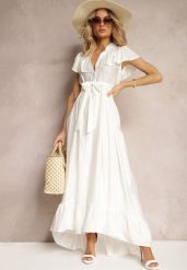 Biała Sukienka z Materiałowym Paskiem i Wiskozą Wykończona Guzikami i Falbanką Hanesi. Białe sukienki damskie Renee, bez wzorów, z materiału, eleganckie, bez ramiączek. W wyprzedaży za 143.99 zł.