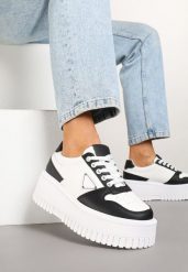 Biało-Czarne Sneakersy na Karbowanej Platformie Feniora. Białe obuwie sportowe damskie Born2be, na lato, bez zapięcia. Za 99.99 zł.