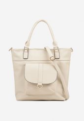 Jasnobeżowa Torebka Typu Shopper z Ozdobną Kieszenią i Paskiem Crossbody Frocelle. Brązowe shopper bag Renee, bez wzorów, z jeansu, bez dodatków. Za 109.99 zł.
