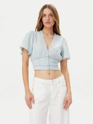 Guess Bluzka W5GH82 D5N81 Błękitny Regular Fit. Niebieskie bluzki damskie Guess, m, z aplikacjami, z lyocellu, bez kołnierzyka, bez ramiączek. Za 249.99 zł.