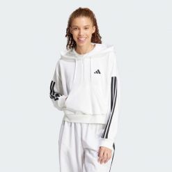 Bluza z kapturem Essentials 3-Stripes French Terry Quarter-Zip. Białe bluzy damskie Adidas, l, bez wzorów, z materiału, z kapturem. Za 259.00 zł.