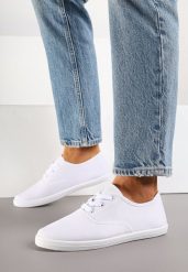 Białe Tenisówki z Krótkim Sznurowaniem Madilinne. Białe obuwie sportowe damskie Born2be, z jeansu, bez zapięcia, tenisowe. Za 39.99 zł.