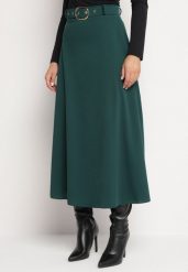 Ciemnozielona Rozkloszowana Spódnica z Wysokim Stanem Ozdobiona Paskiem z Klamrą Lobira. Zielone spódnice damskie Born2be, na co dzień, uniwersalny, bez wzorów, eleganckie, maxi. Za 69.99 zł.