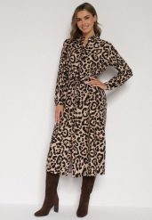 Panterkowa Koszulowa Sukienka z Wiskozą w Panterkę z Wiązanym Paskiem Assava. Sukienki damskie Born2be, bez wzorów, z wiskozy, biznesowe, bez ramiączek. Za 109.99 zł.