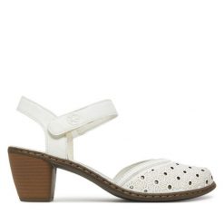 Sandały Rieker. Białe sandały damskie Rieker, bez wzorów, bez obcasa, na słupku, bez zapięcia. Za 299.99 zł.