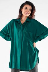 Koszula Oversize z Wydłużonym Tyłem - Zielona. Zielone koszule damskie Awama, uniwersalny, bez wzorów, z elastanu, bez kołnierzyka, bez ramiączek. Za 259.90 zł.