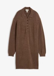 Sukienka dzianinowa z listwą guzikową. Brązowe sukienki damskie bonprix, bez wzorów, z dzianiny, bez ramiączek. Za 124.99 zł.