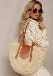 Jasnobeżowa Jednokomorowa Torebka z Plecionej Rafii w Stylu Boho Idarkia. Brązowe torebki klasyczne damskie Renee, bez dodatków. Za 74.99 zł.