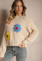 Beżowy Sweter z Wiskozą i Kwiatowym Motywem Labrienna. Brązowe swetry klasyczne damskie Renee, l, z wiskozy, bez kołnierzyka. Za 99.99 zł.