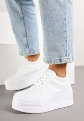 Białe Sznurowane Sneakersy Vices na Grubej Podeszwie Ozdobiona Napisem Annalira. Białe obuwie sportowe damskie Born2be, z jeansu, bez zapięcia. Za 89.99 zł.