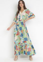 Zielona Rozkloszowana Sukienka Maxi w Patchworkowy Wzór Daliah. Zielone sukienki damskie Born2be, z aplikacjami, bez ramiączek. Za 139.99 zł.
