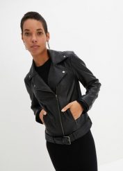 Kurtka biker. Czarne kurtki damskie bonprix, bez wzorów, ze skóry, bez kaptura. Za 269.99 zł.
