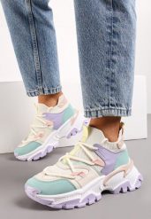Fioletowo-Zielone Wsuwane Sneakersy z Elastyczną Cholewką i Ozdobnymi Wstawkami Ihiannon. Fioletowe obuwie sportowe damskie Born2be, z bawełny, bez zapięcia. Za 64.99 zł.