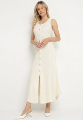 Jasnobeżowa Wiskozowa Sukienka Sweterkowa z Ozdobnymi Guzikami Lunarelle. Brązowe sukienki damskie Born2be, z aplikacjami, z wiskozy, eleganckie, bez ramiączek. Za 189.99 zł.