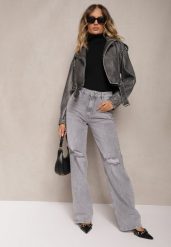 Szare Jeansy z Bawełny High Waist z Szerokimi Nogawkami i Dziurami Naviseo. Szare jeansy damskie Renee, z podwyższonym stanem. Za 119.99 zł.