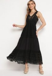 Czarna Koronkowa Sukienka na Szerokich Ramiączkach z Falbanką Disella. Czarne sukienki damskie Born2be, bez wzorów, z koronki, eleganckie, bez ramiączek. Za 129.99 zł.