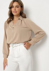 Beżowa Bluzka z Kołnierzykiem i Odpinanym Łańcuszkiem z Cyrkoniami Gonwira. Brązowe bluzki damskie Born2be, uniwersalny, bez wzorów, z jeansu, eleganckie, bez kołnierzyka, bez ramiączek. Za 69.99 zł.