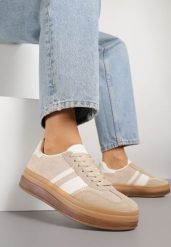 Ciemnobeżowe Sneakersy na Płaskiej Podeszwie z Ozdobnymi Paskami Velali. Brązowe obuwie sportowe damskie Renee, z materiału, bez zapięcia. Za 99.99 zł.
