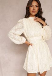 Beżowa Koronkowa Sukienka Mini z Gumką w Pasie Netta. Brązowe sukienki damskie Renee, bez wzorów, z koronki, bez ramiączek. W wyprzedaży za 127.99 zł.