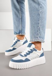 Niebiesko-Białe Sneakersy na Tłoczonej Podeszwie ze Zdobieniami w Panterkę Gerraza. Niebieskie obuwie sportowe damskie Born2be, z jeansu, bez zapięcia. Za 109.99 zł.