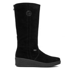Kozaki Rieker. Czarne kozaki damskie Rieker, bez obcasa, na koturnie, bez zapięcia. Za 459.99 zł.