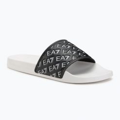 Klapki EA7 Emporio Armani Water Sports All Over. Czarne klapki damskie EA7 Emporio Armani, z aplikacjami, z materiału, bez obcasa, bez zapięcia. Za 149.99 zł.