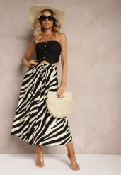 Czarno-Beżowa Spódnica High Waist o Rozkloszowanym Kroju z Gumką w Pasie i Guzikami Elretta. Czarne spódnice damskie Renee, na lato, l, bez wzorów, z materiału, midi. Za 59.99 zł.
