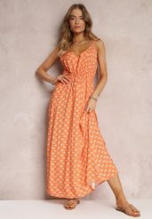 Pomarańczowa Sukienka Maxi na Ramiączkach z Wiskozy Satha. Brązowe sukienki damskie Renee, bez wzorów, z wiskozy, bez ramiączek. W wyprzedaży za 47.99 zł.
