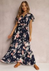 Granatowa Sukienka w Kwiaty o Kopertowym Kroju z Wiązanym Paskiem Iphene. Niebieskie sukienki damskie Renee, bez wzorów, eleganckie, bez ramiączek. W wyprzedaży za 63.99 zł.