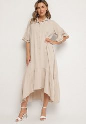 Beżowa Sukienka Koszulowa z Ozdobną Falbanką Daviravie. Brązowe sukienki damskie Born2be, bez wzorów, eleganckie, bez ramiączek. Za 119.99 zł.