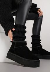 Czarne Wsuwane Śniegowce z Zamszu Naturalnego na Grubej Podeszwie Mevilira. Czarne śniegowce damskie Renee, z dzianiny. Za 169.99 zł.