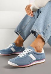 Niebieskie Sneakersy Ozdobione Paskiem Cleova. Niebieskie obuwie sportowe damskie Renee, z jeansu, bez zapięcia. Za 69.99 zł.