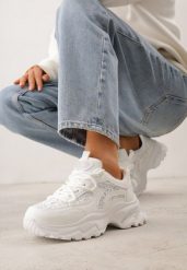 Białe Sneakersy na Platformie Ozdobione Cyrkoniami i Koronką Antea. Białe obuwie sportowe damskie Renee, z koronki, bez zapięcia. Za 99.99 zł.